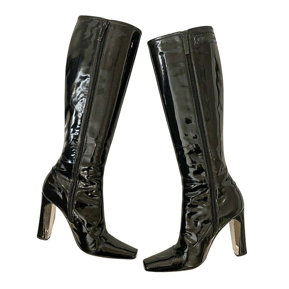 Louis Vuitton Black Patent Leather Knee High Heeled Boots EU 36.5 Square Toe - Picture 4 of 10